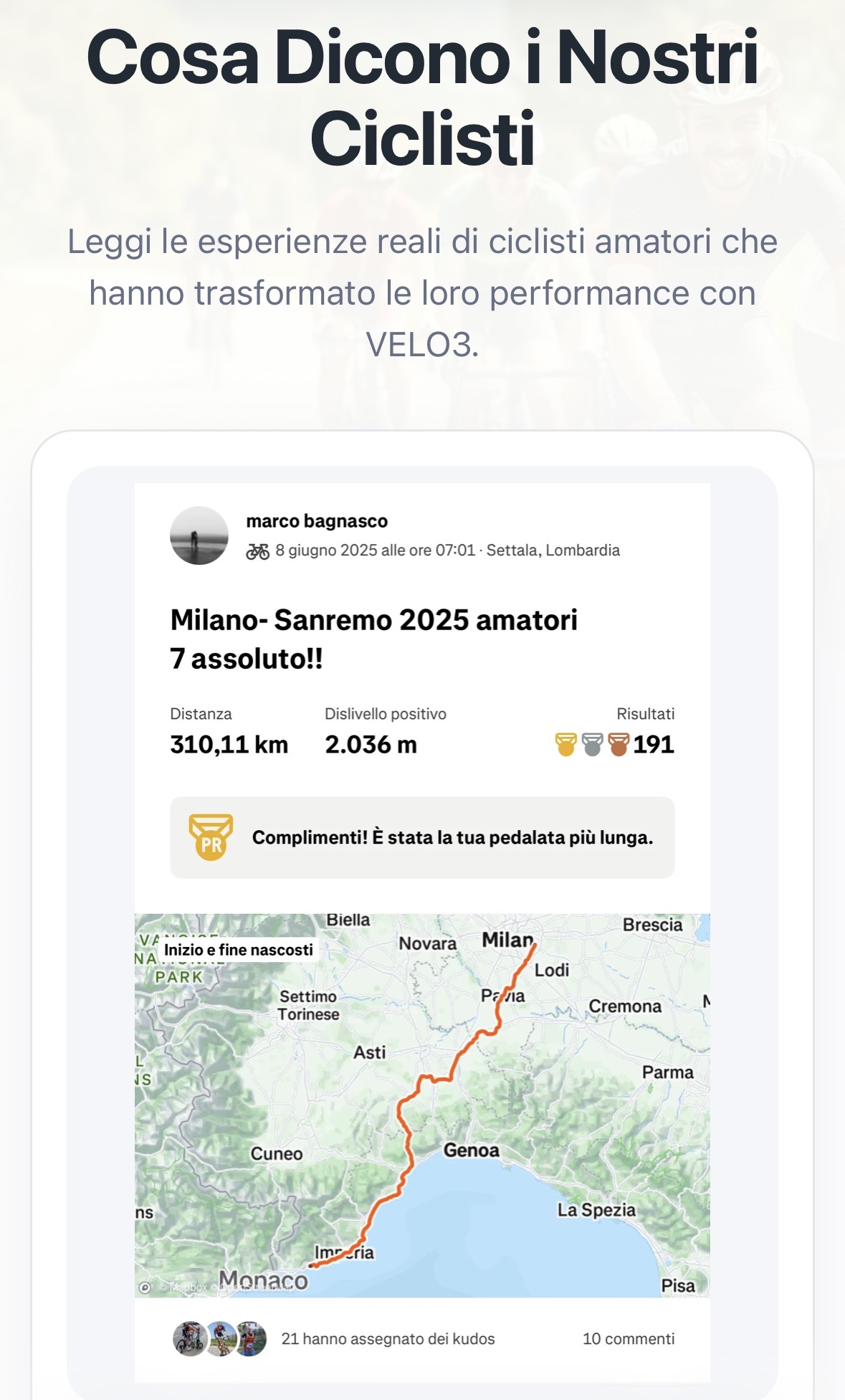 Attività Strava di Marco B.: Milano-Sanremo 2025 amatori, 310,11 km e 2.036 m di dislivello