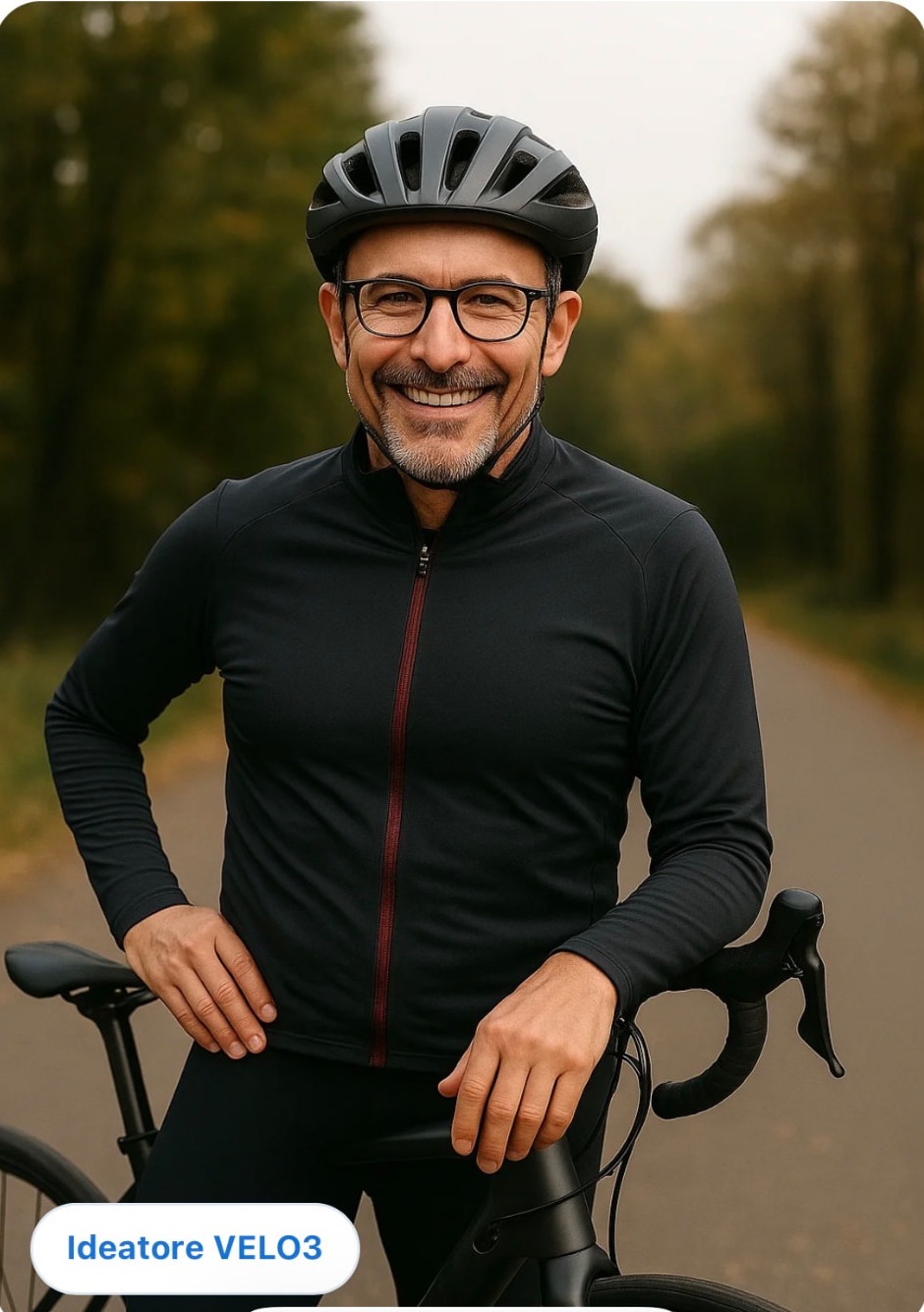 Alex Venturi, ideatore del metodo VELO3, accanto alla sua bici da strada